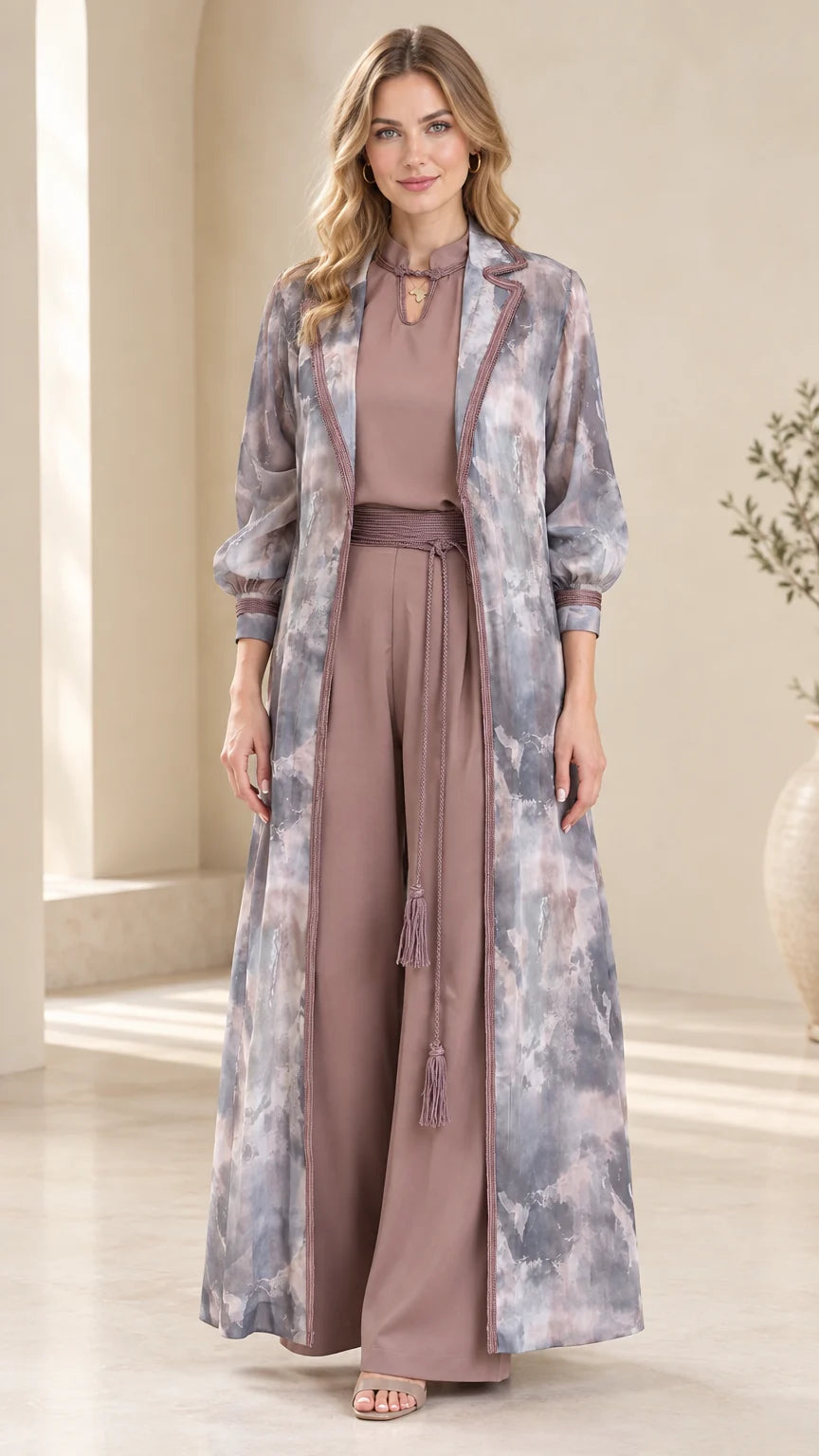 Front view of model wearing dusty mauve 3-piece watercolor duster and wide-leg pants set