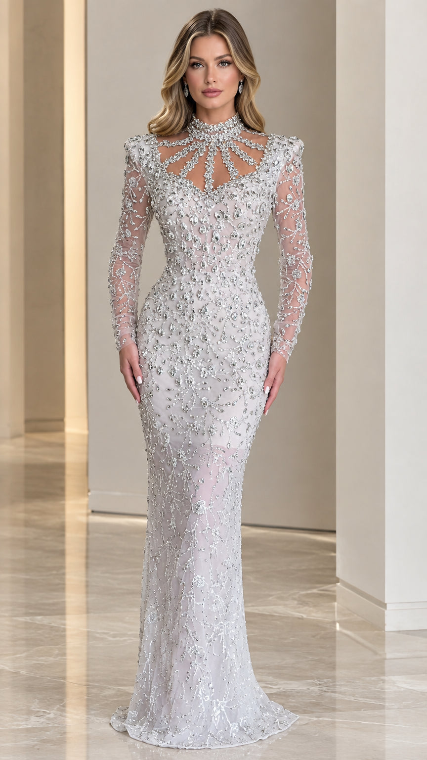 Front view of model wearing Silver crystal embellished mock neck long sleeve evening gown