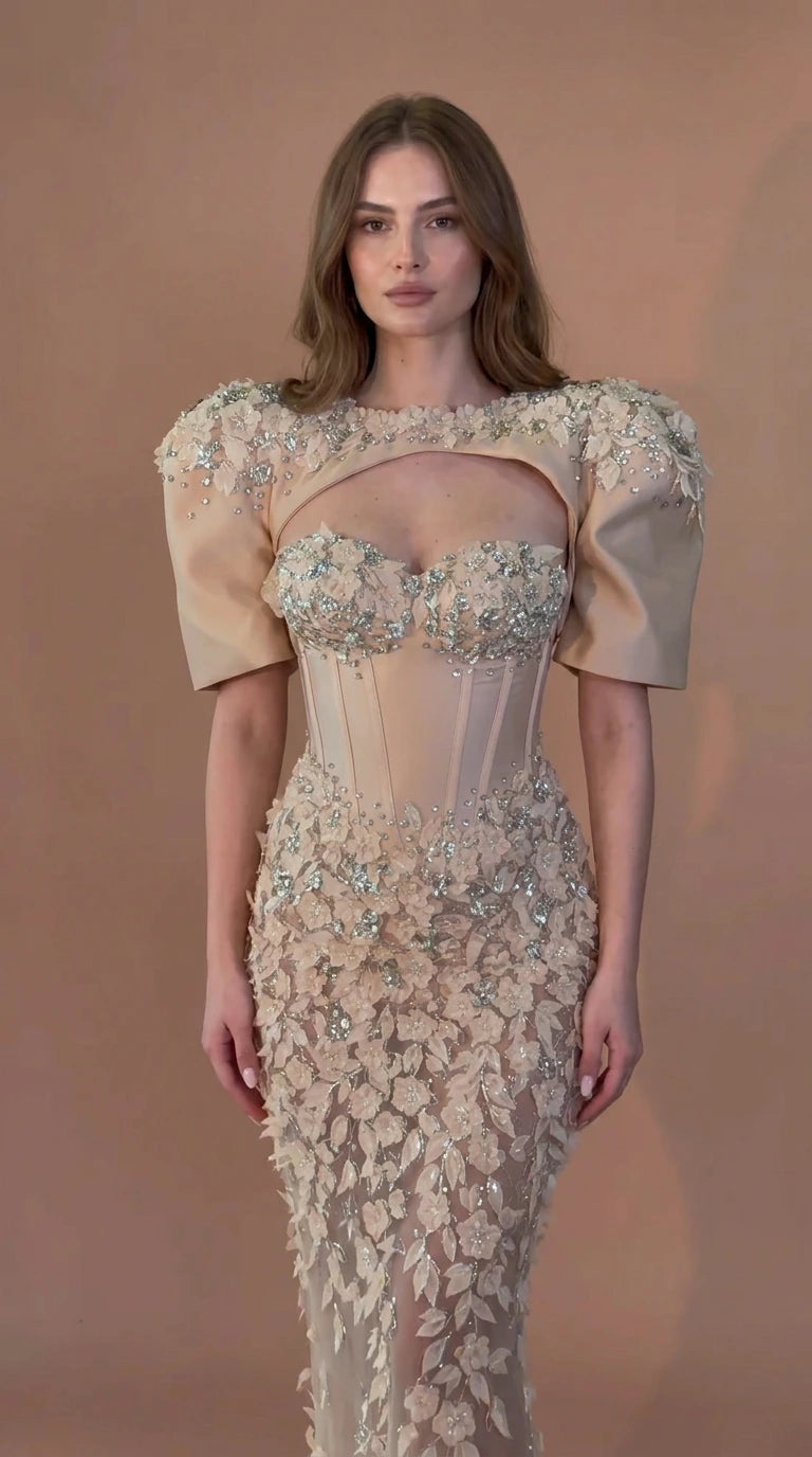 Champagne embellished corset floral appliqué evening gown front view