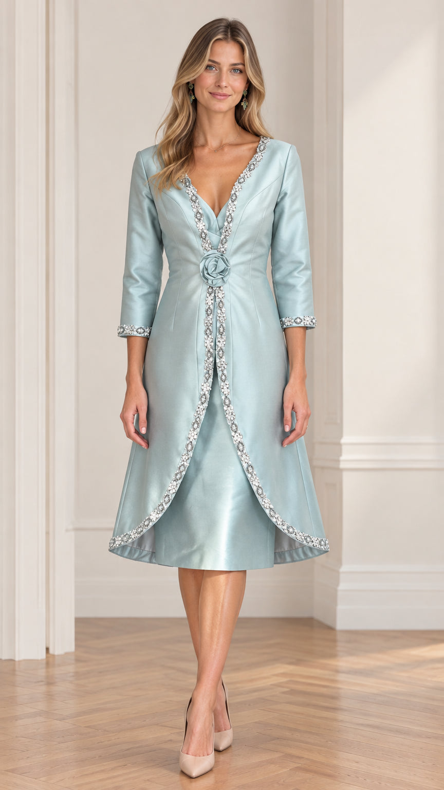 Full front view of ice blue beaded V-neck A-line midi formal dress