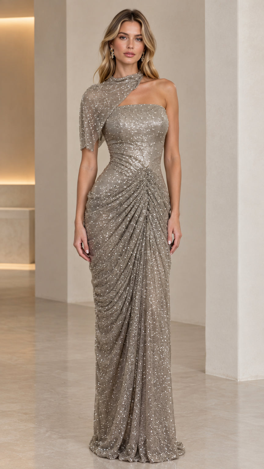 Front view of model wearing taupe one-shoulder sequin formal maxi gown