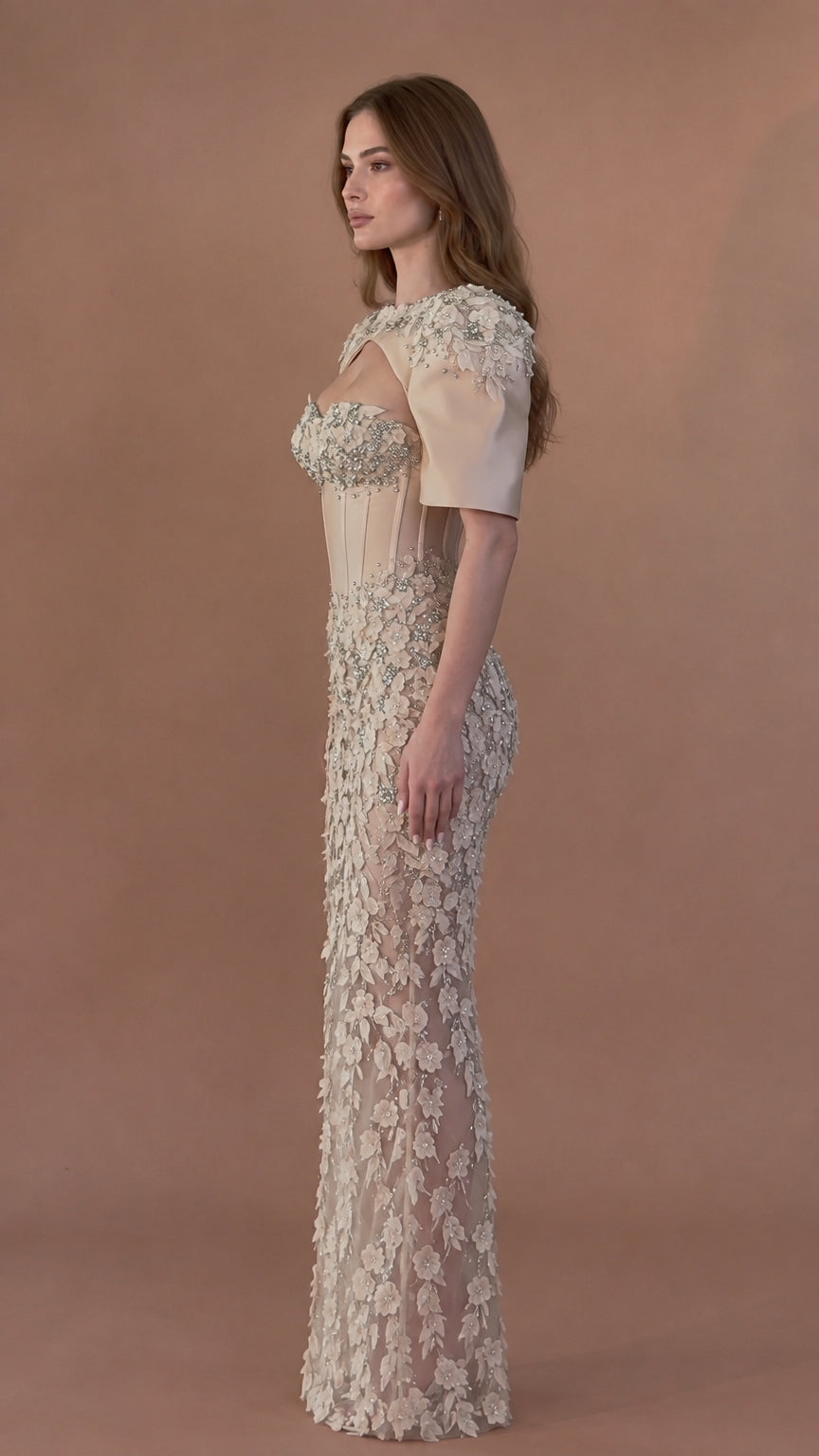 Champagne beaded floral corset formal maxi dress side view