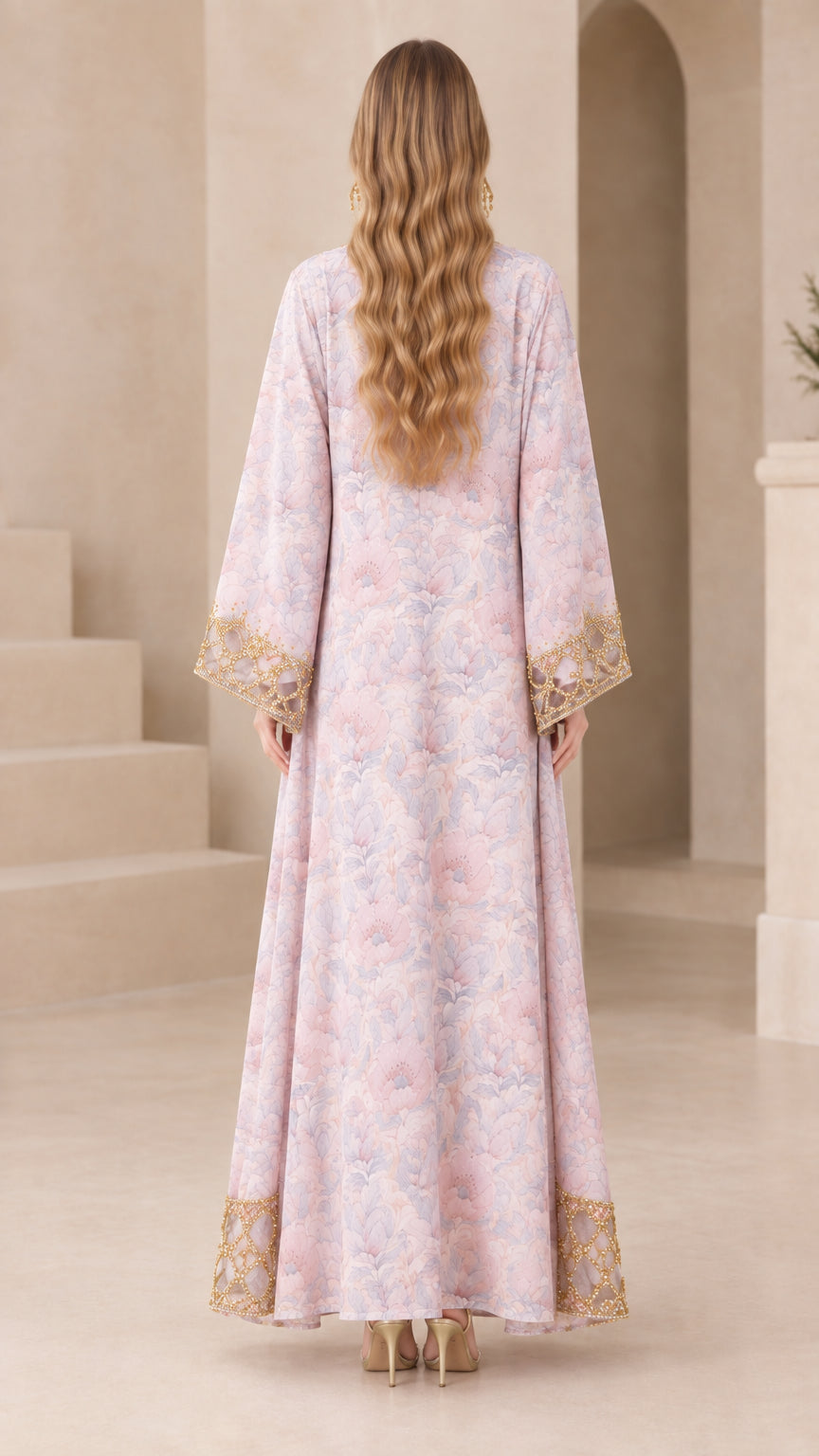 Back view of dusty pink floral embroidered kaftan maxi dress