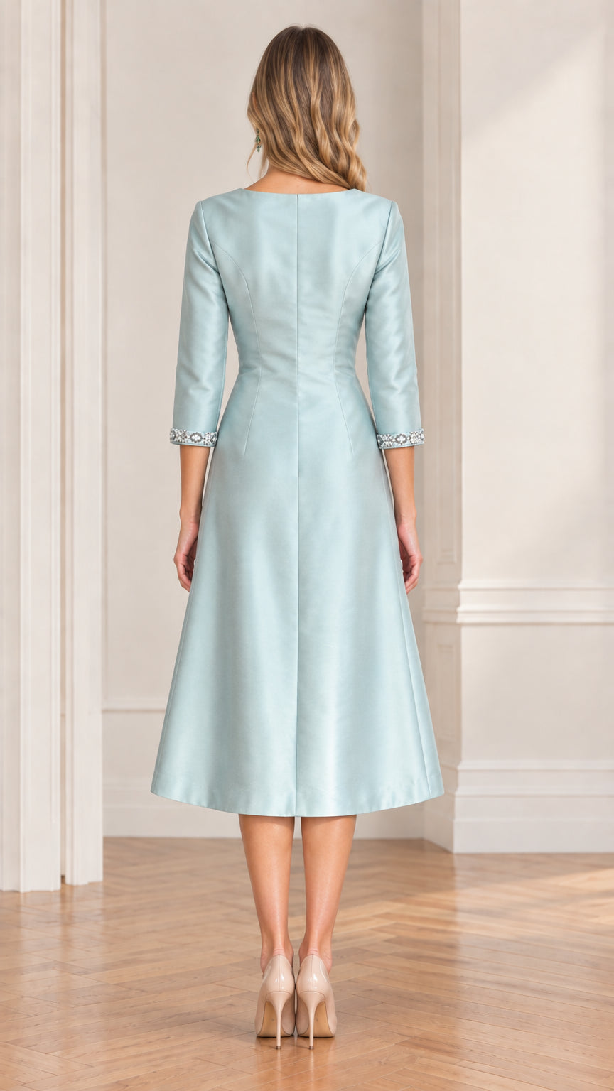 Back view of tailored ice blue midi dress showing clean seams and fit