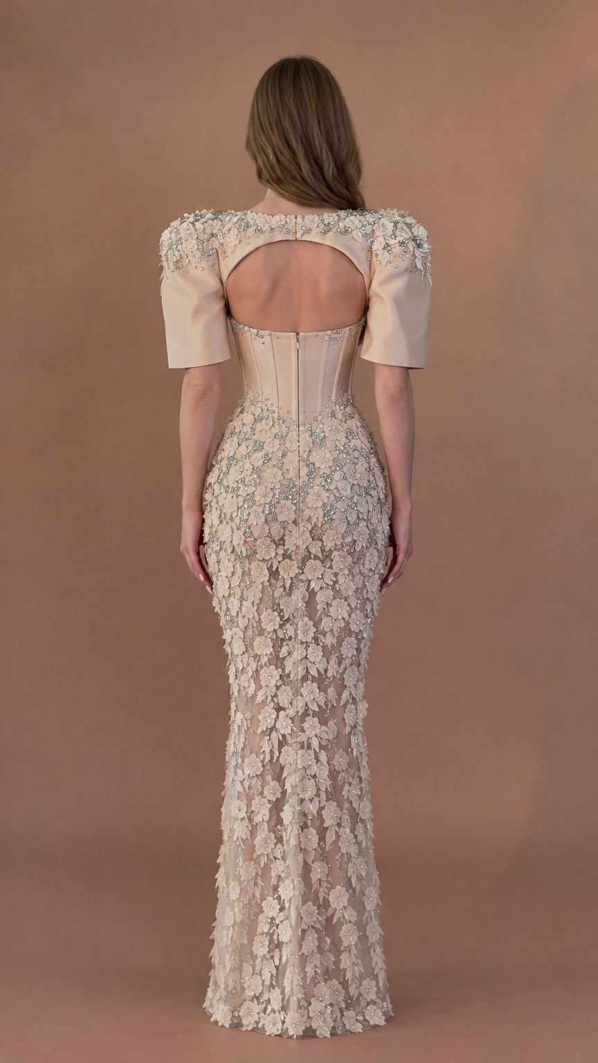 Champagne cutout back view of floral appliqué corset gown