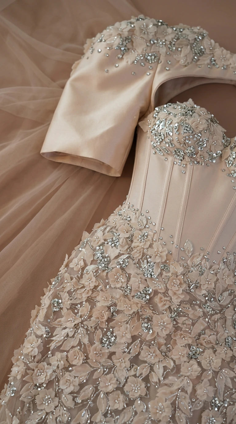 Close-up detail of beaded corset bodice and 3D floral lace texture
