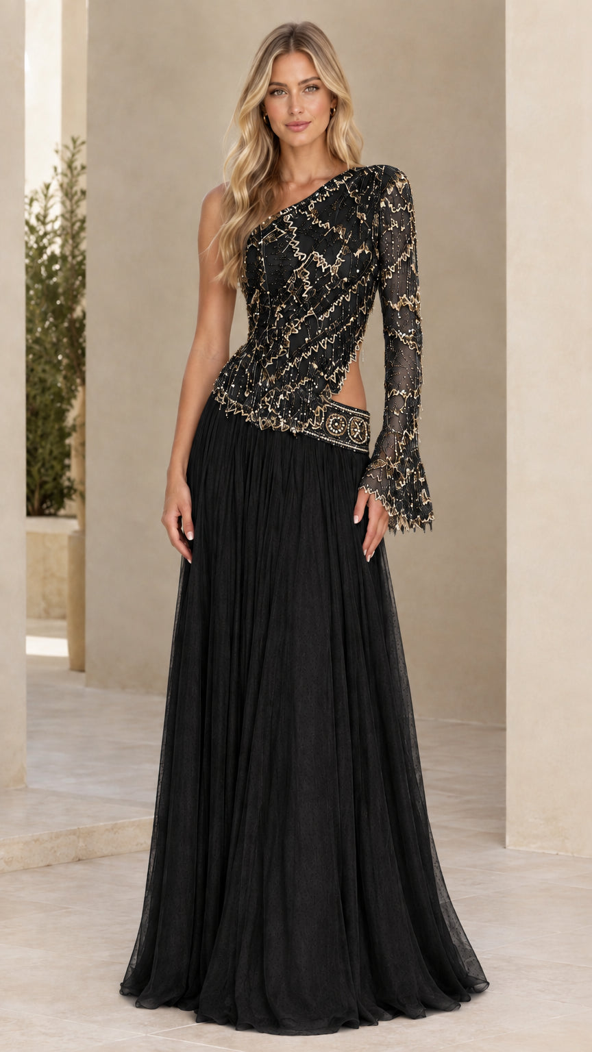 Woman modeling Black one-shoulder embellished cutout formal maxi gown