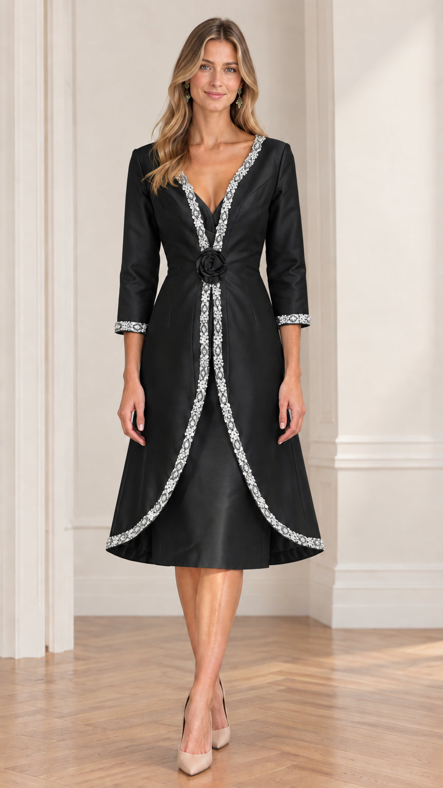 Black beaded V-neck midi formal dress for mother of the bride