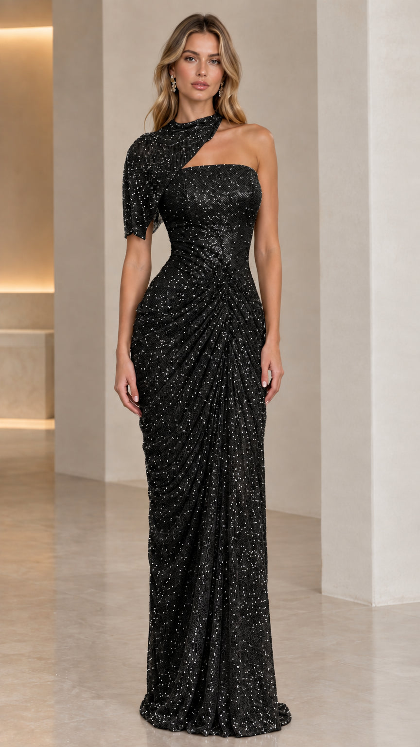 Black one-shoulder ruched sequin evening maxi gown