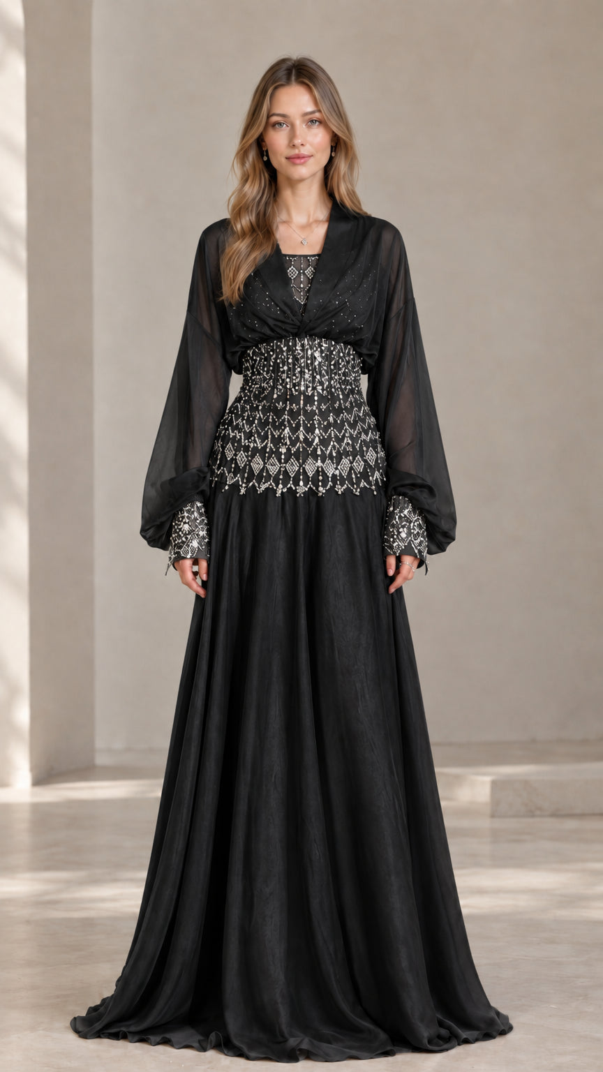 Black long sleeve evening gown with sparkling crystal-embellished waist
