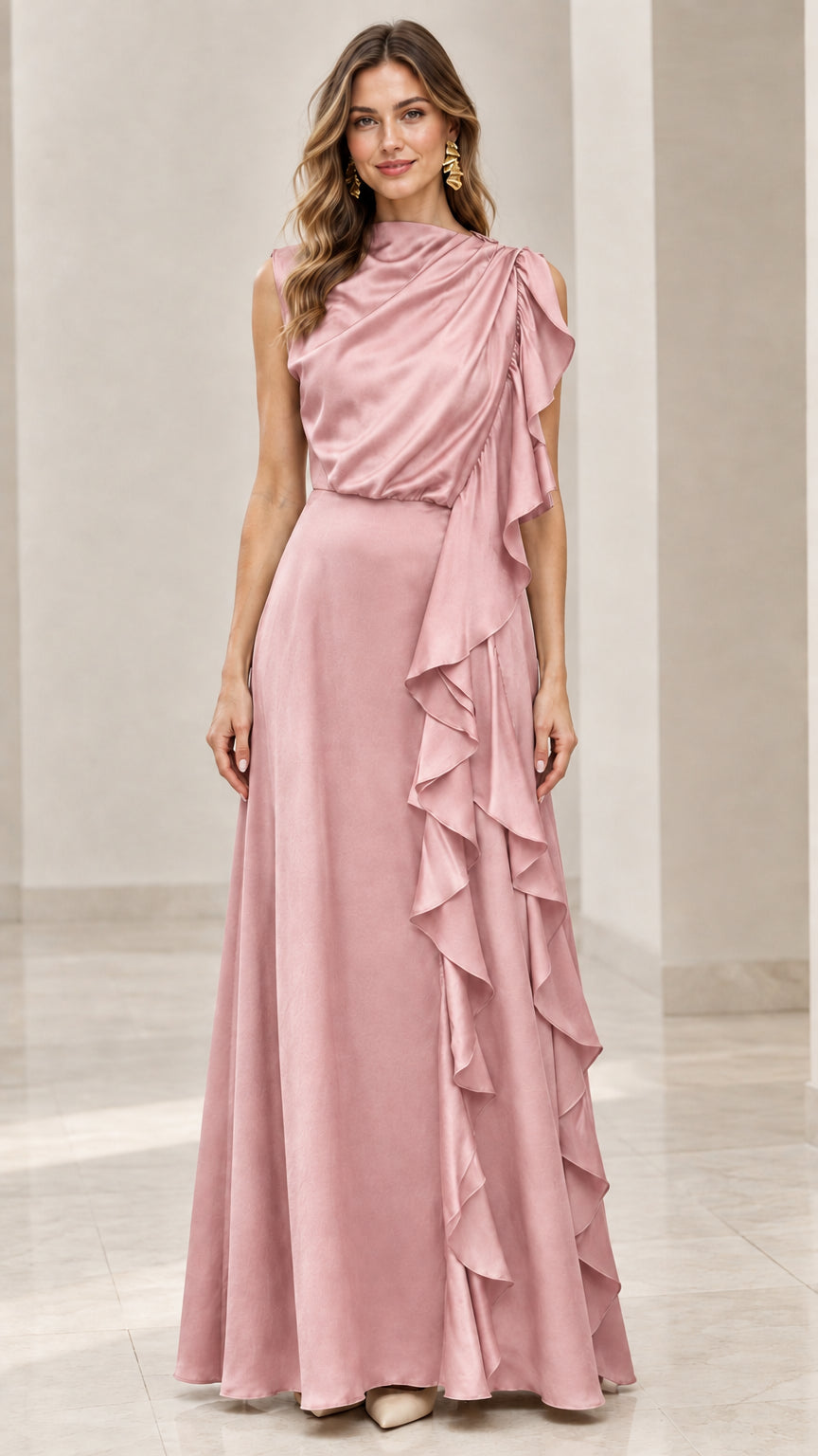 Model wearing the draped sleeveless formal gown with cascading ruffles in dusty pink
