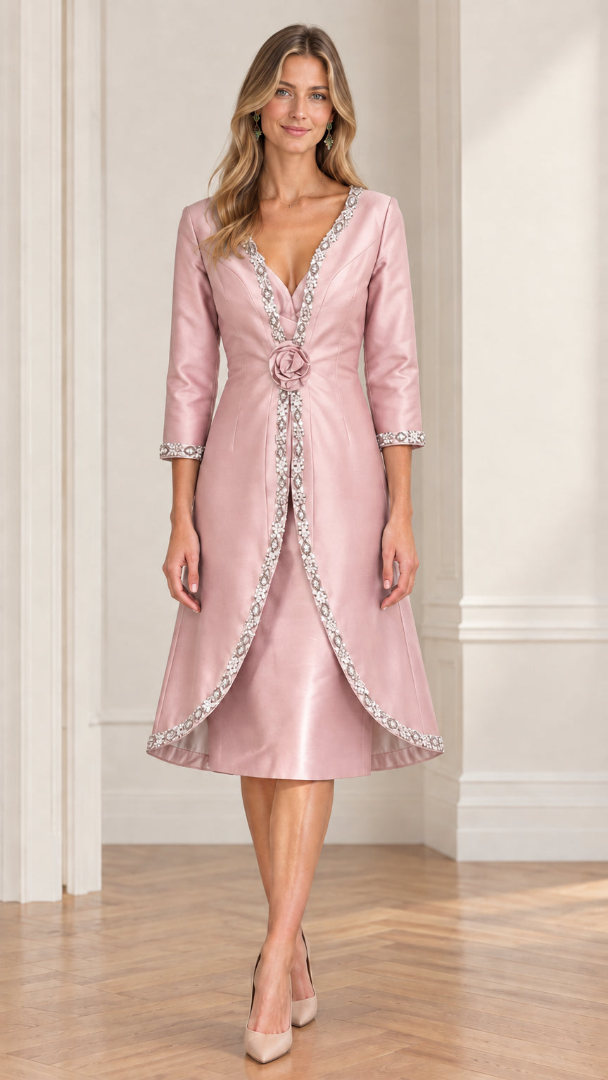 Blush pink embellished V-neck A-line midi cocktail dress