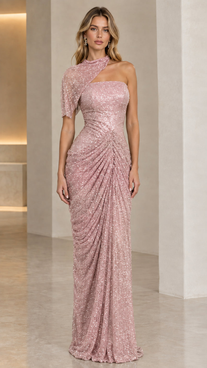 Dusty pink asymmetric sequin evening gown with draped shoulder
