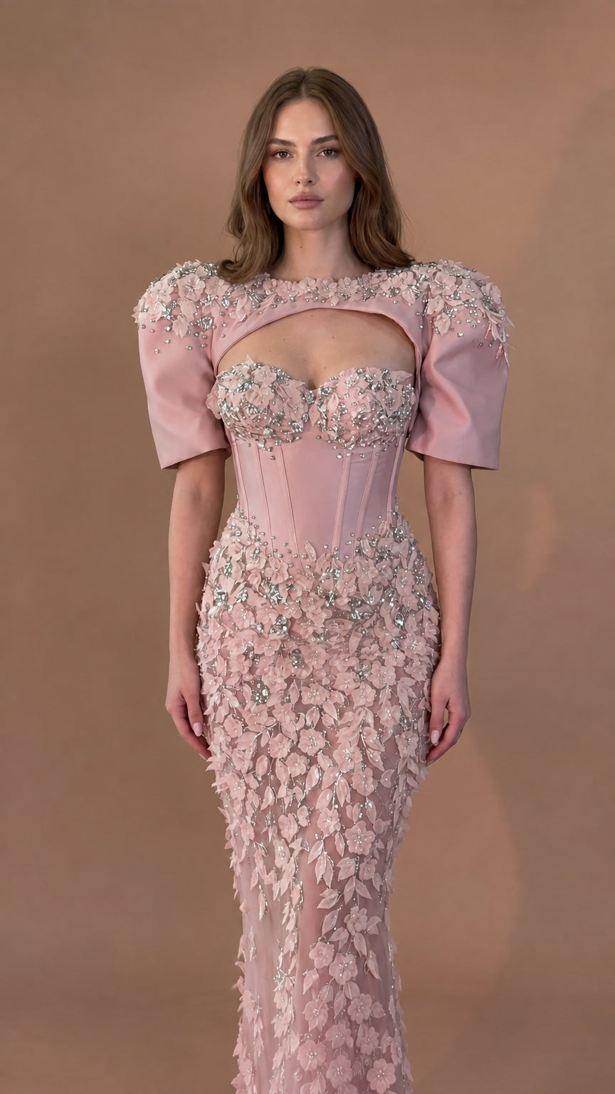 Blush pink 3D floral corset evening gown with puff sleeves