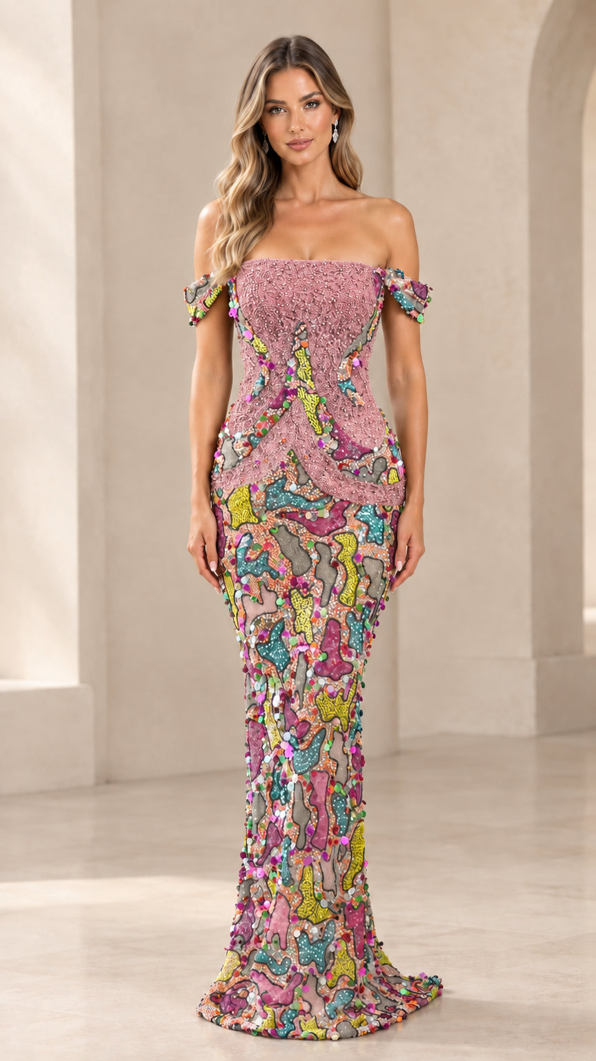 Pink off-the-shoulder sequin mosaic mermaid evening gown