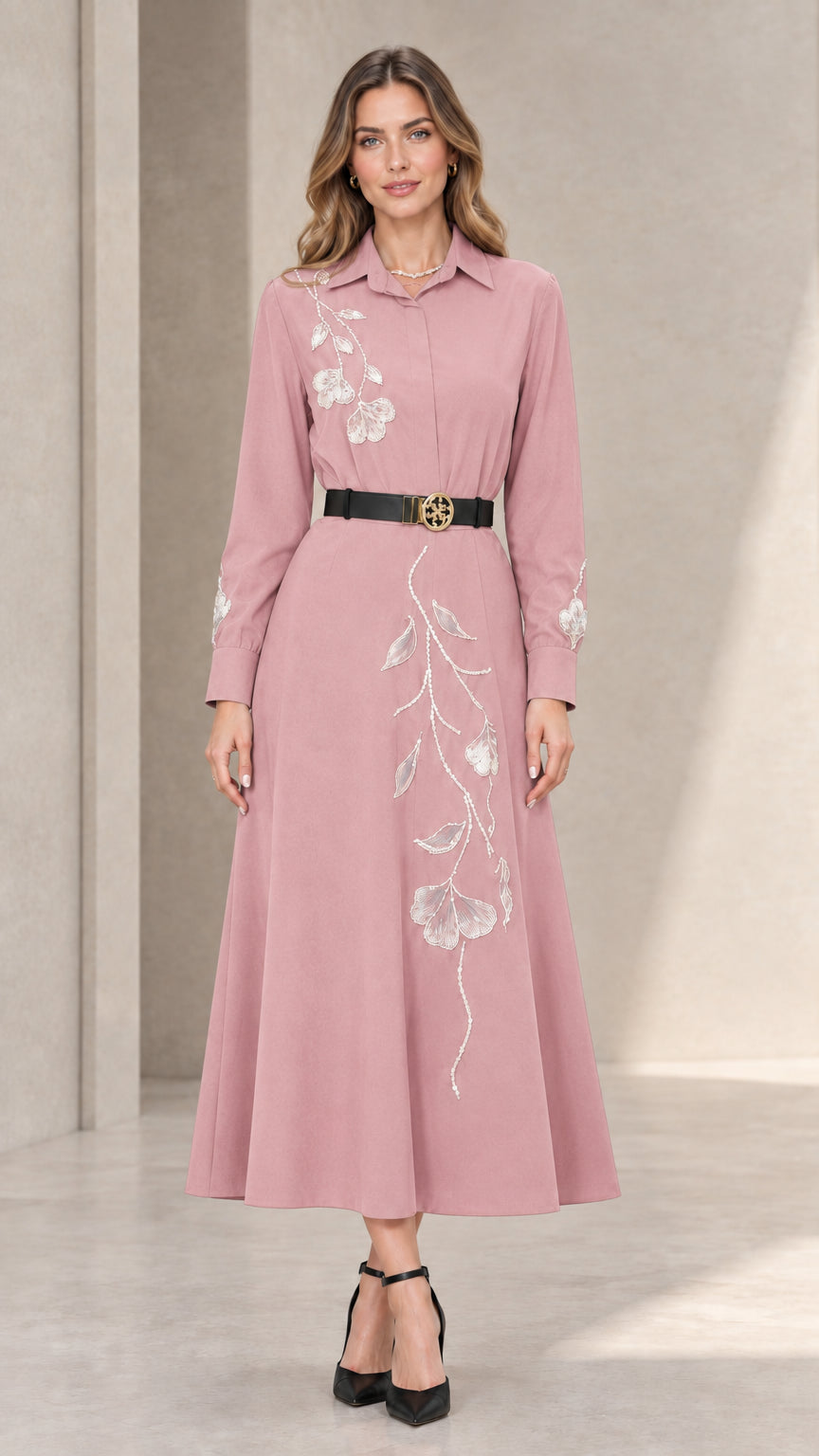 Front full view of dusty pink embroidered long sleeve midi shirt dress