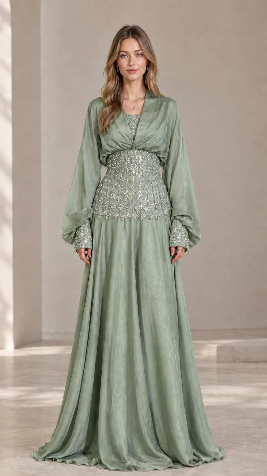 Sage green elegant long sleeve evening gown with beadwork waist