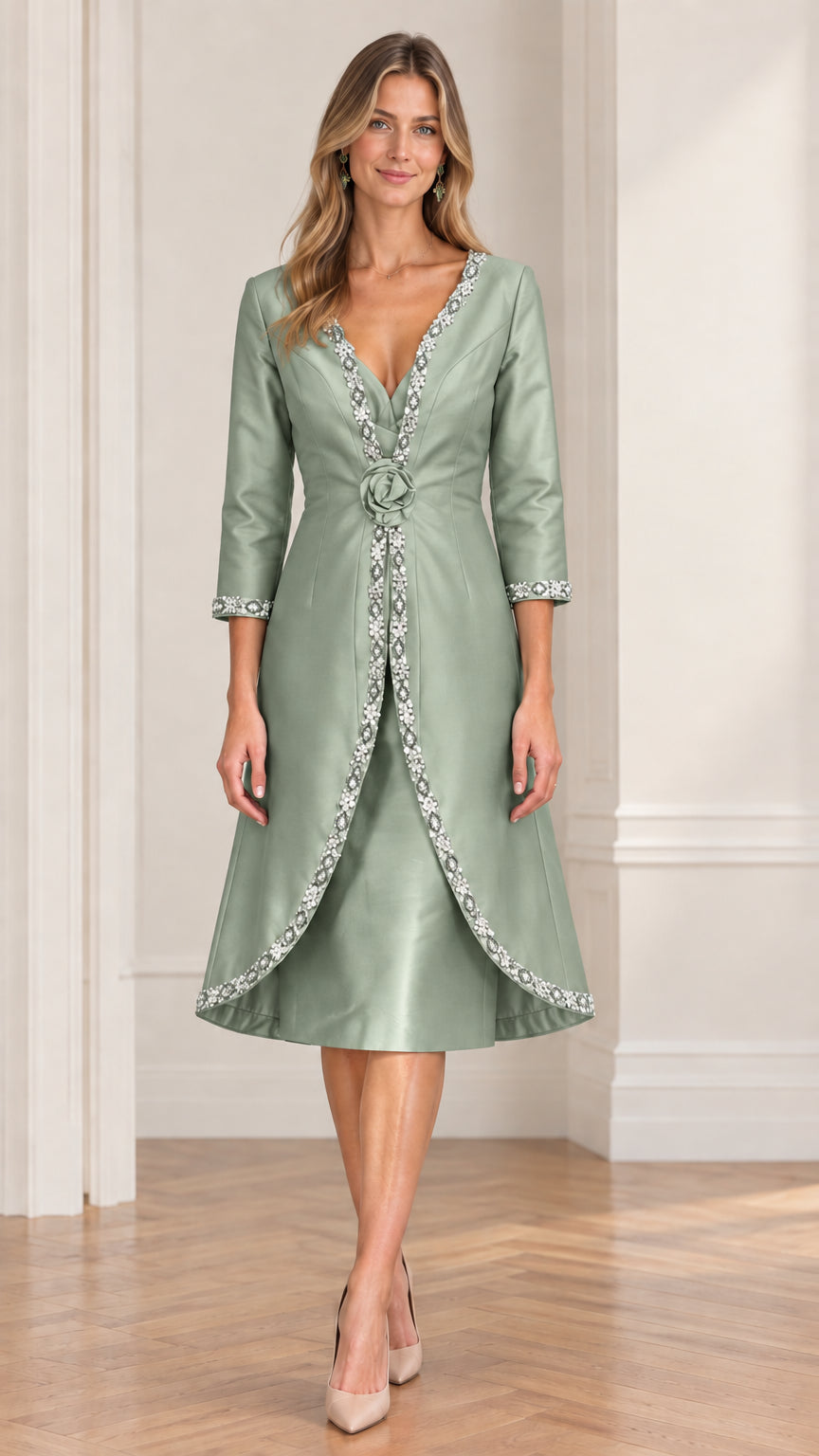 Sage green 3/4 sleeve formal dress with embellished border