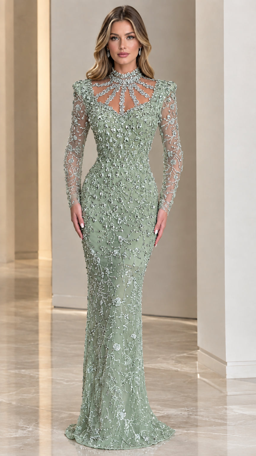 Model wearing Sage Green embellished long sleeve formal gown