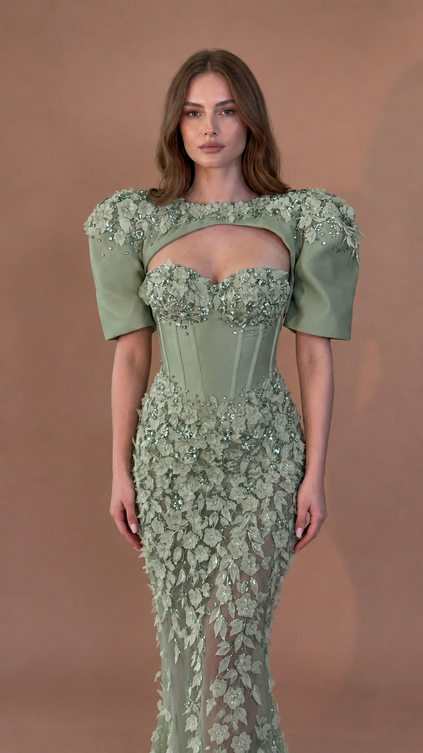 Sage green cutout corset beaded formal maxi gown