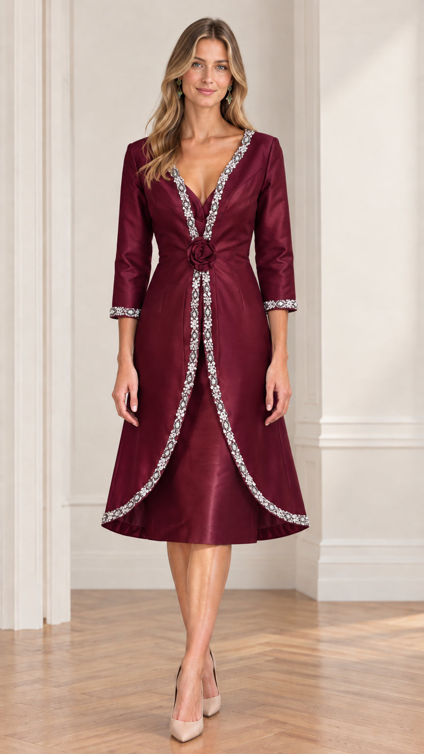Burgundy wine formal midi evening dress with rosette detail