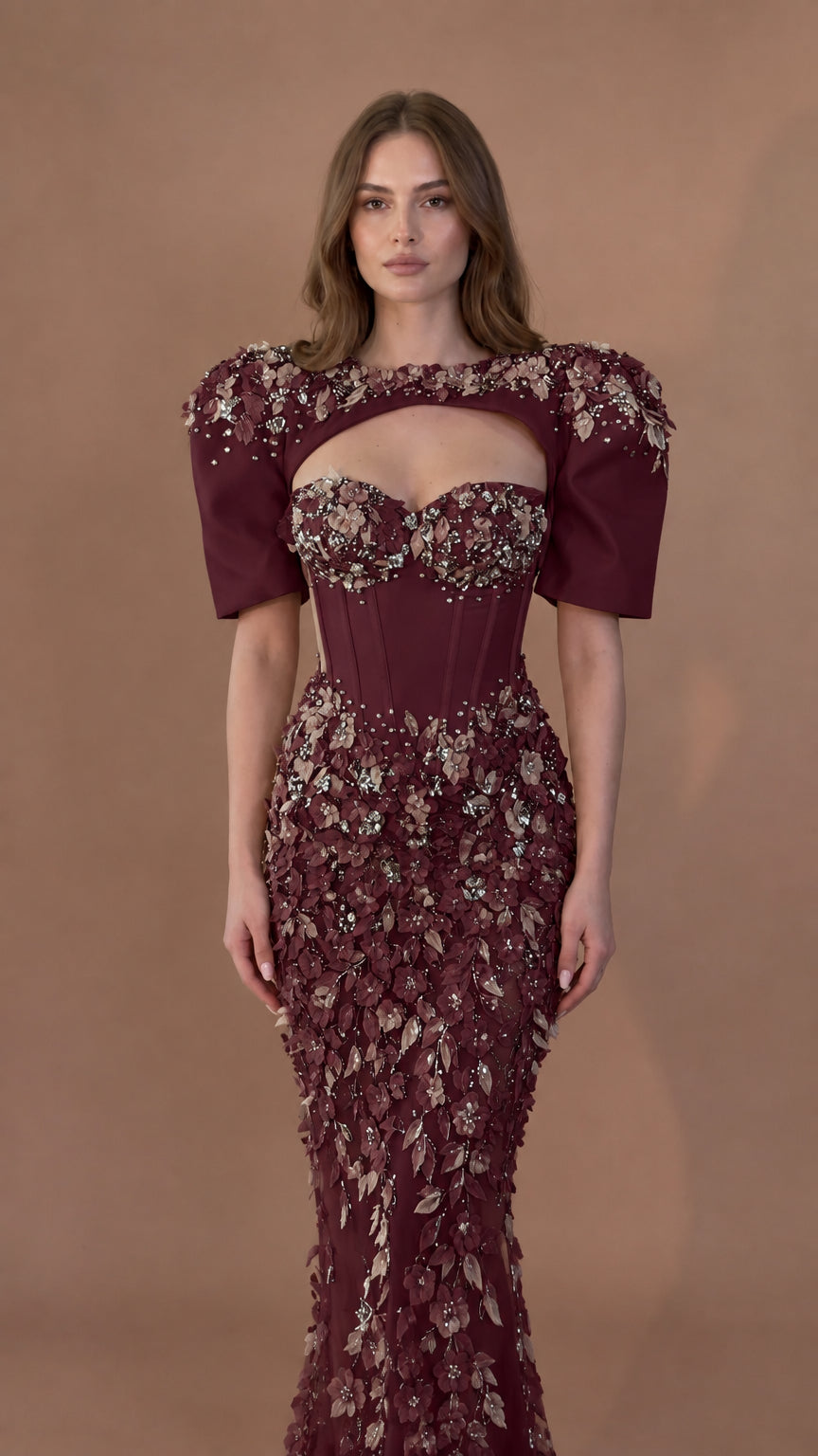 Burgundy wine embellished corset floral evening dress