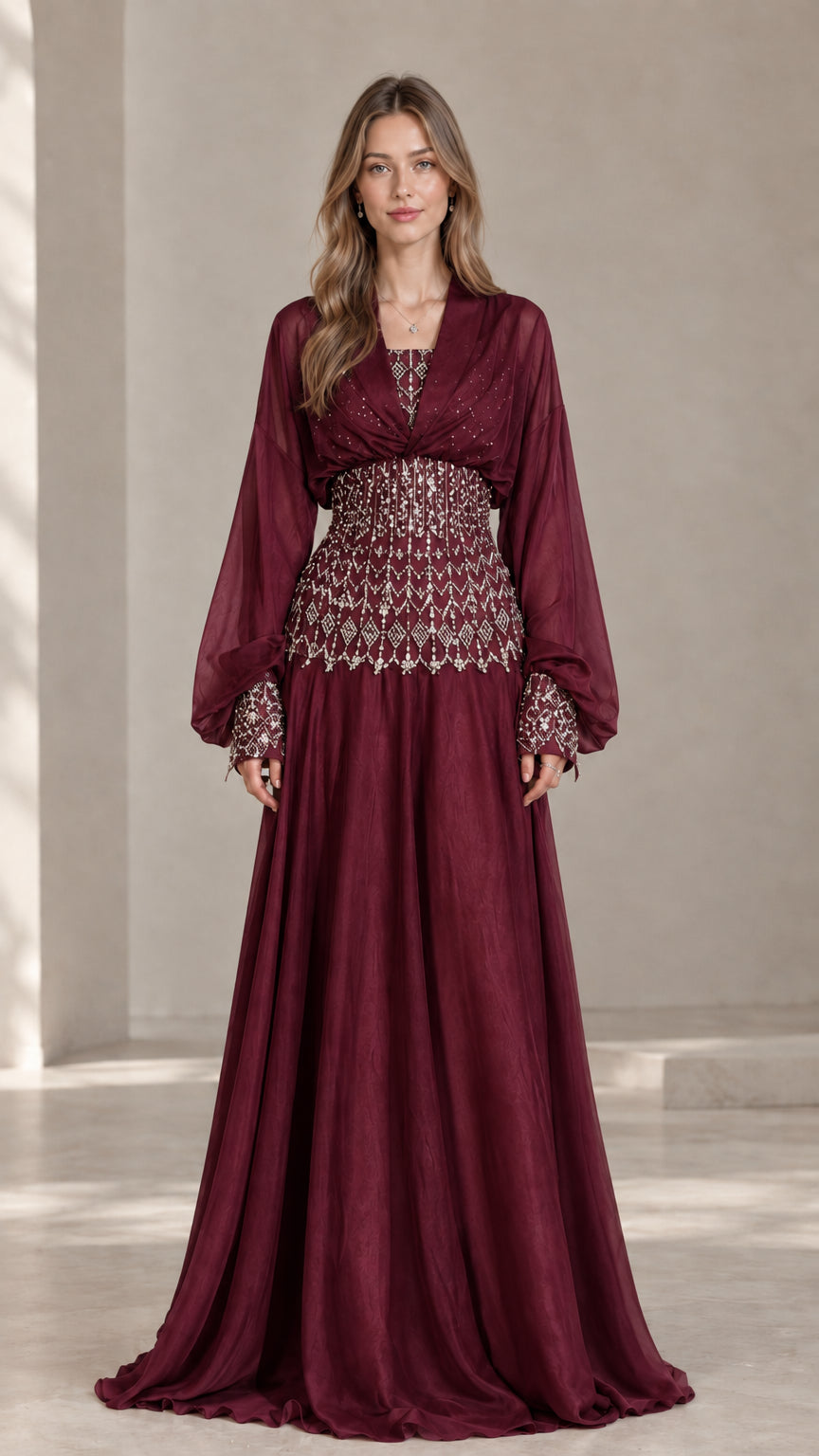 Burgundy red formal maxi dress with detailed embellished waist panel