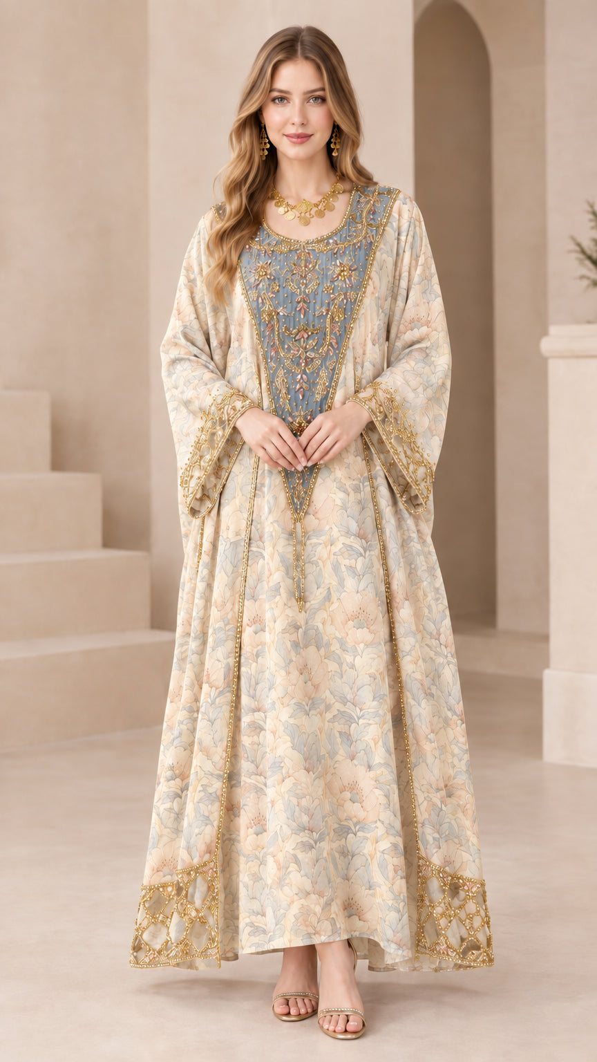 Champagne beige floral embroidered kaftan maxi dress