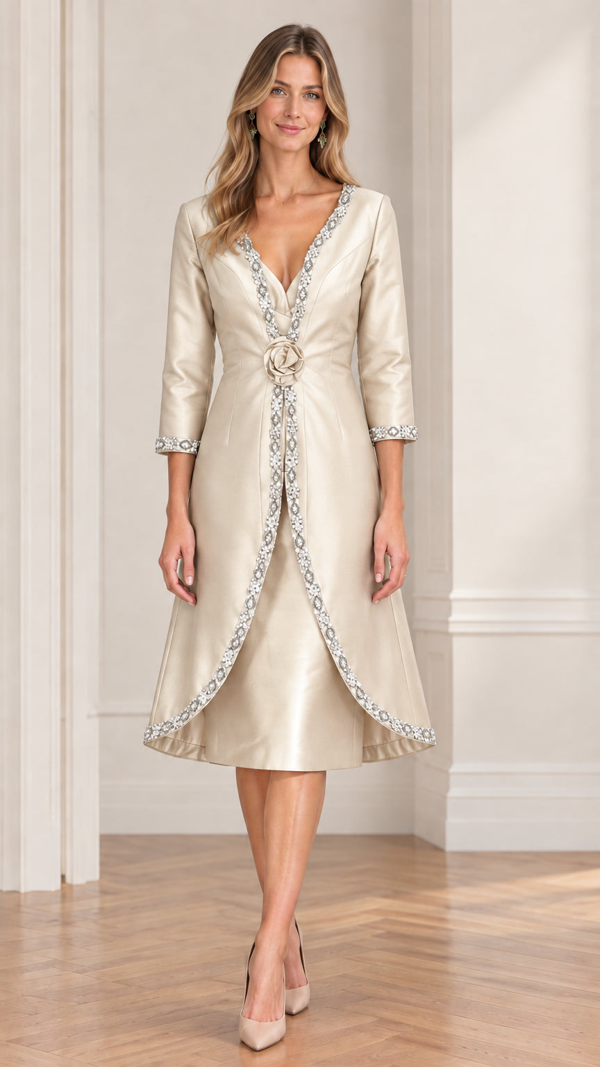 Champagne gold embellished V-neck formal midi dress