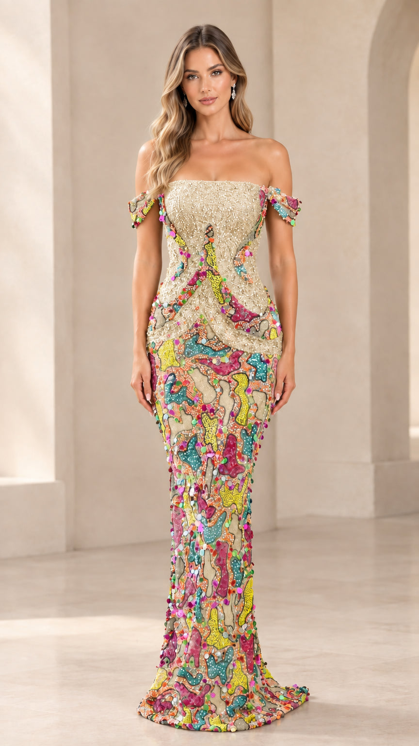 Champagne gold off-the-shoulder mosaic beaded formal evening dress