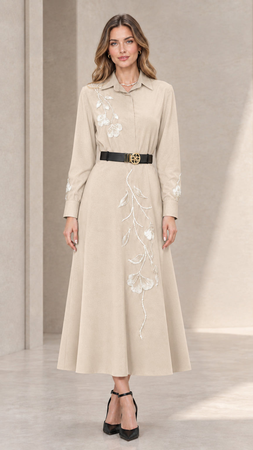 Front full view of beige cream embroidered long sleeve midi shirt dress